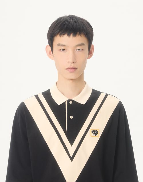 Valentino - Valentino Cotton Polo With Inlaid V And Embroidered Panther Patch - Black/butter - Man - T-shirts And Sweatshirts